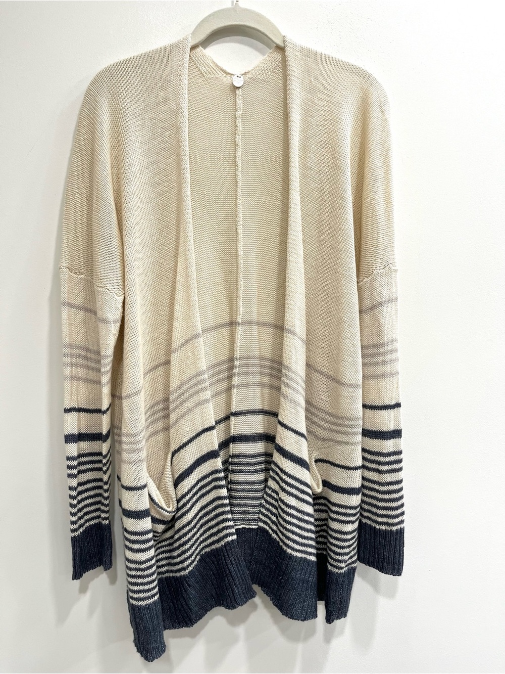 Margaret O’leary Linen Lightweight Sweater Open Front Cardigan Cream Gray Stripe